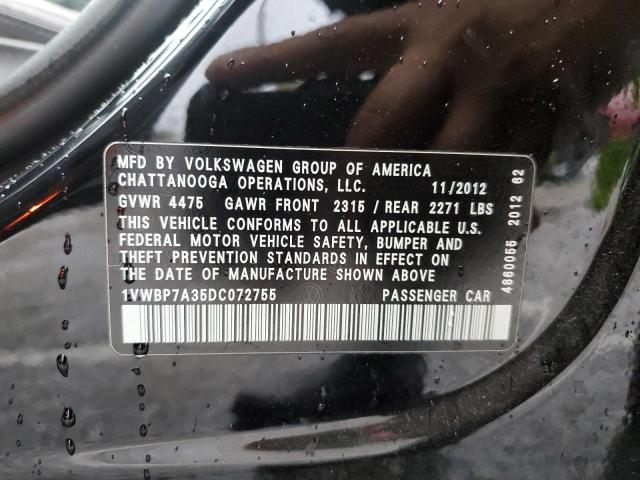 1VWBP7A35DC072755 - 2013 VOLKSWAGEN PASSAT SE BLACK photo 12
