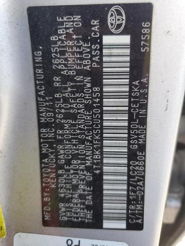 4T1BK1FK5CU501458 - 2012 TOYOTA CAMRY SE SILVER photo 12
