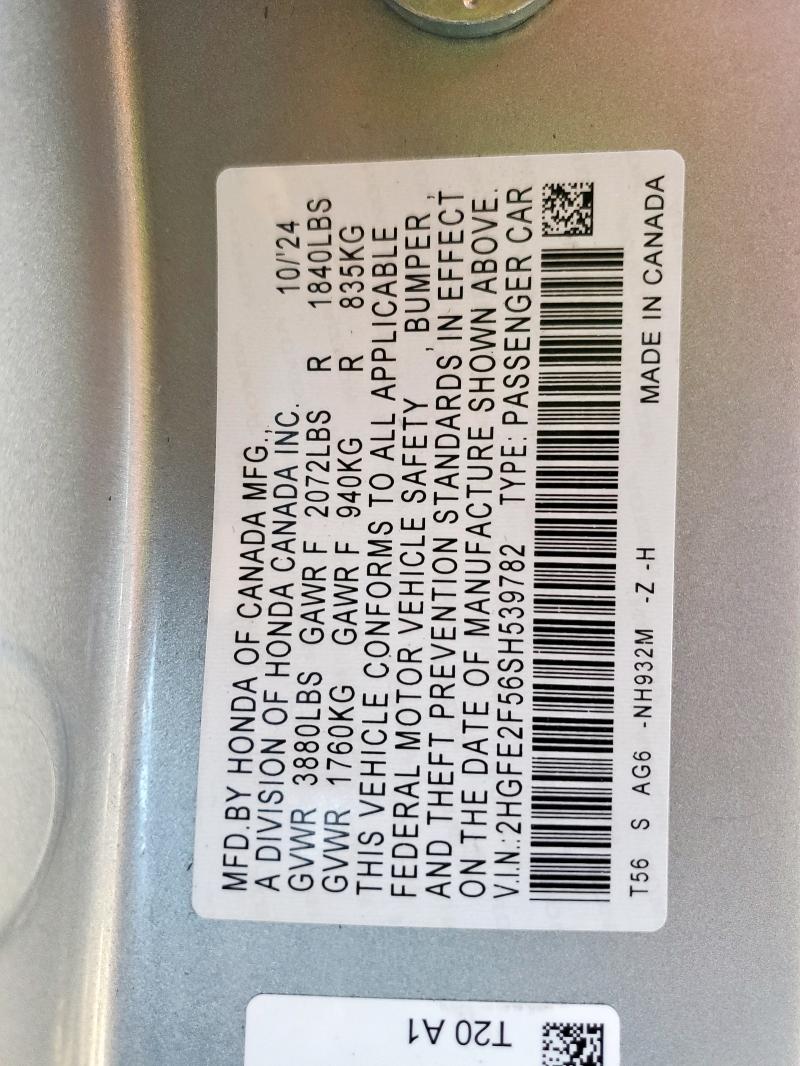 2HGFE2F56SH539782 - 2025 HONDA CIVIC SPORT SILVER photo 12