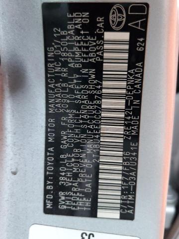 2T1BU4EE0CC787647 - 2012 TOYOTA COROLLA BASE SILVER photo 12