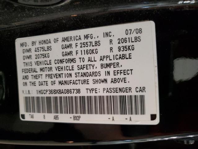 1HGCP368X8A086738 - 2008 HONDA ACCORD EXL BLACK photo 12
