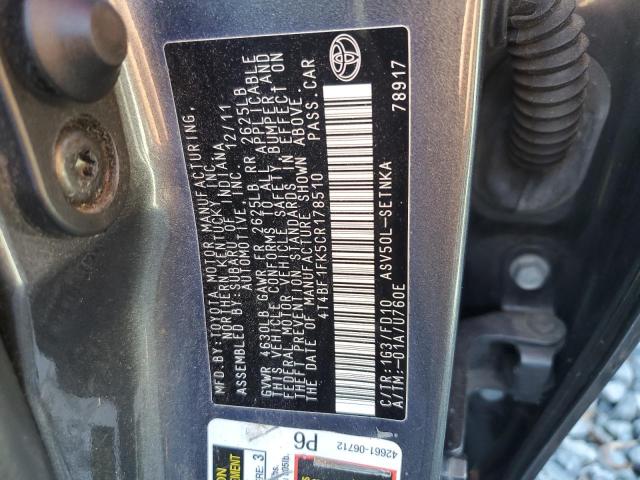 4T4BF1FK5CR178510 - 2012 TOYOTA CAMRY BASE GRAY photo 12