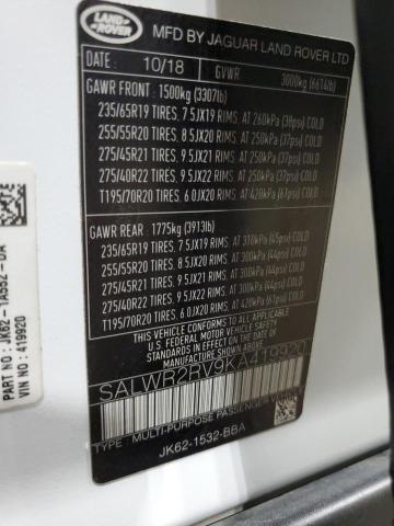 SALWR2RV9KA419920 - 2019 LAND ROVER RANGE ROVE HSE WHITE photo 13