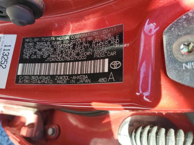 JTDKN3DU7B0279202 - 2011 TOYOTA PRIUS RED photo 12