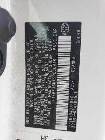 4T4BE46KX9R060918 - 2009 TOYOTA CAMRY BASE WHITE photo 12
