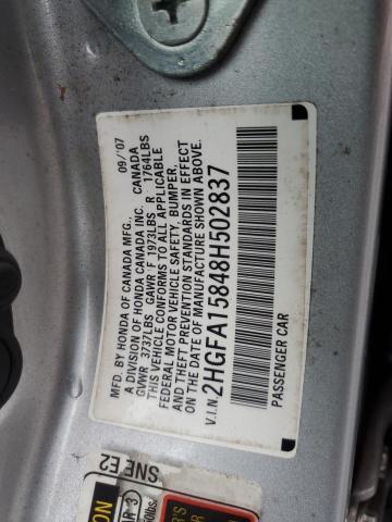 2HGFA15848H502837 - 2008 HONDA CIVIC EX SILVER photo 12