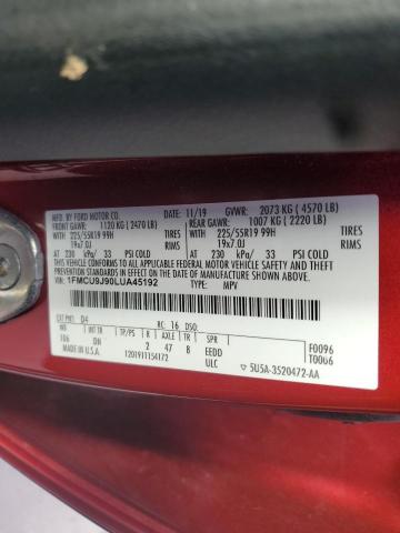 1FMCU9J90LUA45192 - 2020 FORD ESCAPE TITANIUM RED photo 13