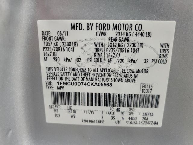 1FMCU0D74CKA05568 - 2012 FORD ESCAPE XLT GRAY photo 13