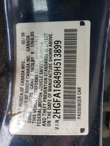 2HGFA16849H513899 - 2009 HONDA CIVIC EX BLUE photo 12