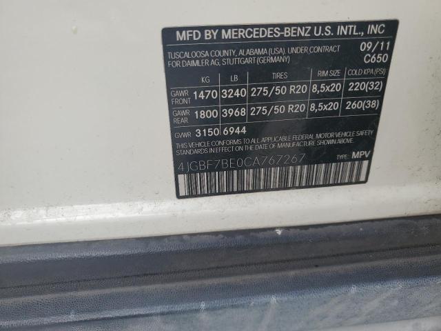 4JGBF7BE0CA767267 - 2012 MERCEDES-BENZ GL 450 4MATIC WHITE photo 12