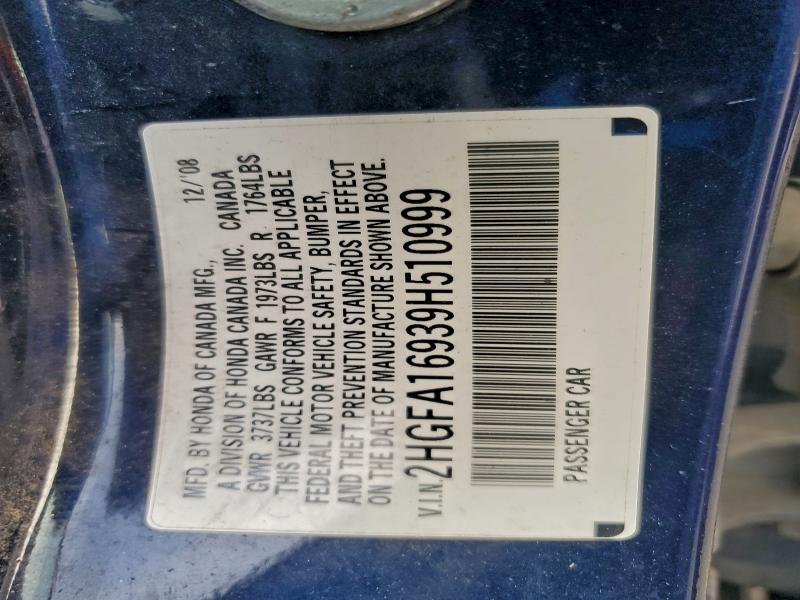 2HGFA16939H510999 - 2009 HONDA CIVIC EXL Mavi foto 12