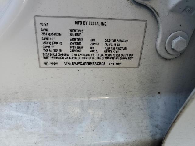 5YJYGAEE0MF283905 - 2021 TESLA MODEL Y თეთრი ფოტო 14