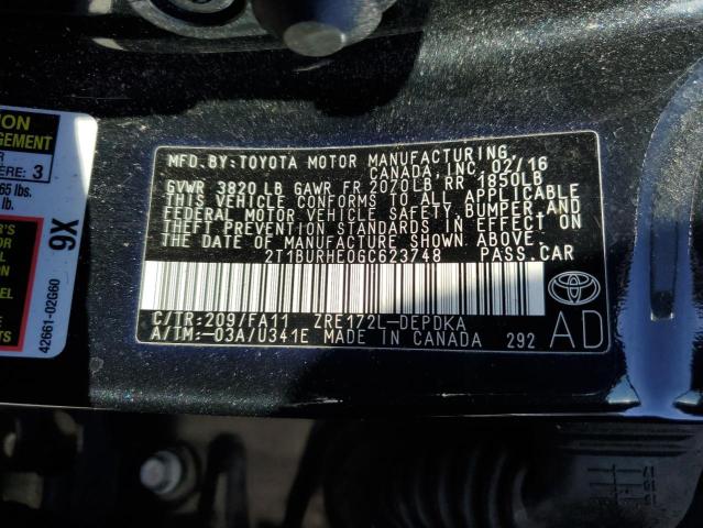 2T1BURHE0GC623748 - 2016 TOYOTA COROLLA L BLACK photo 12