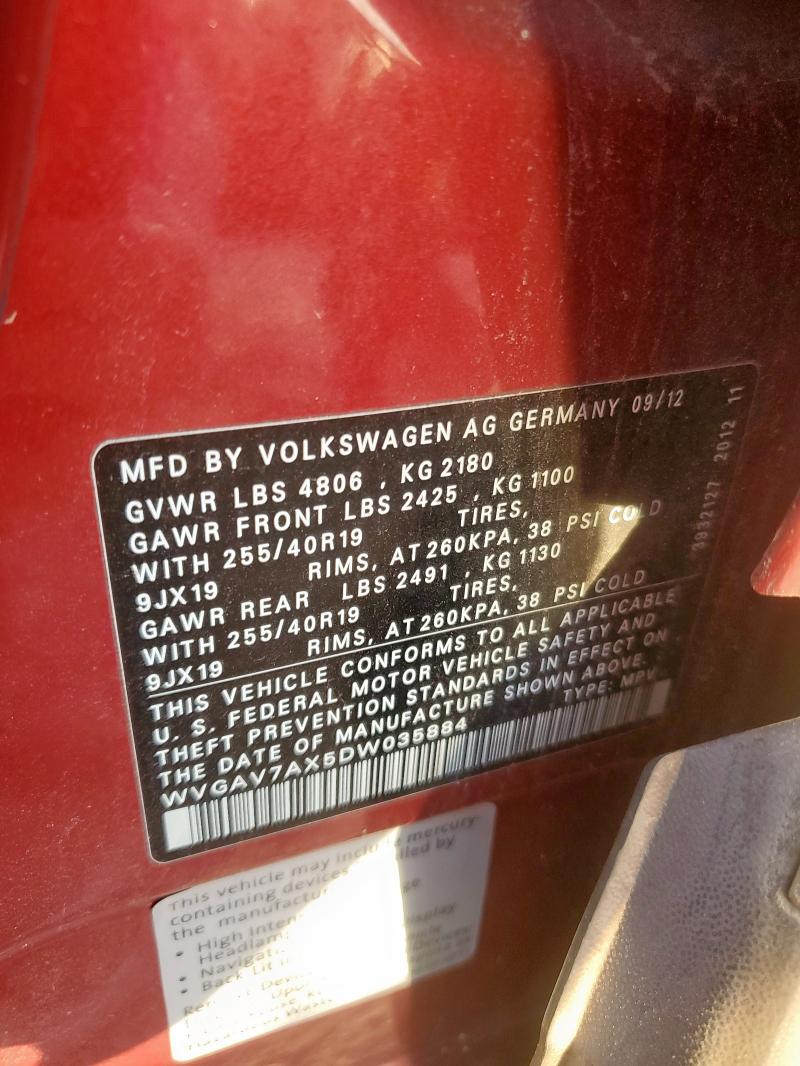 WVGAV7AX5DW035884 - 2013 VOLKSWAGEN TIGUAN S Czerwony zdjęcie 12