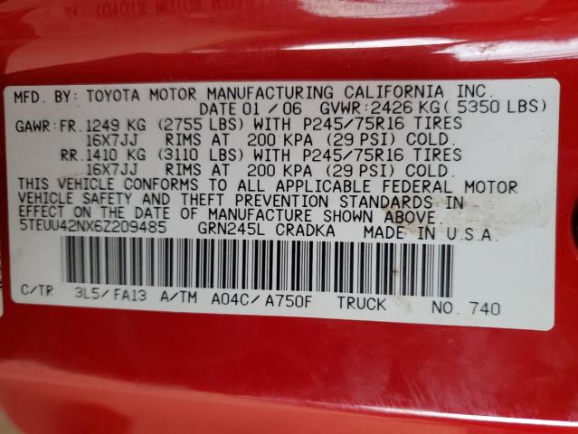 5TEUU42NX6Z209485 - 2006 TOYOTA TACOMA ACCESS CAB أحمر صورة 12