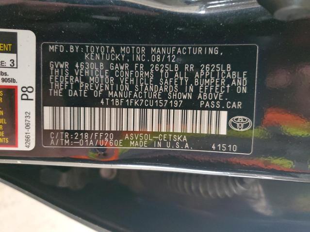 4T1BF1FK7CU157197 - 2012 TOYOTA CAMRY BASE BLACK photo 13