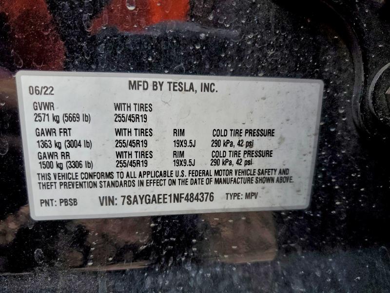 7SAYGAEE1NF484376 - 2022 TESLA MODEL Y BLACK photo 14