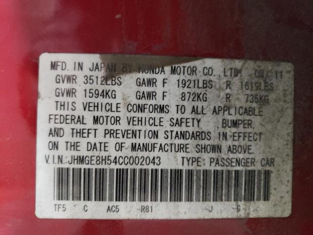 JHMGE8H54CC002043 - 2012 HONDA FIT SPORT RED photo 12