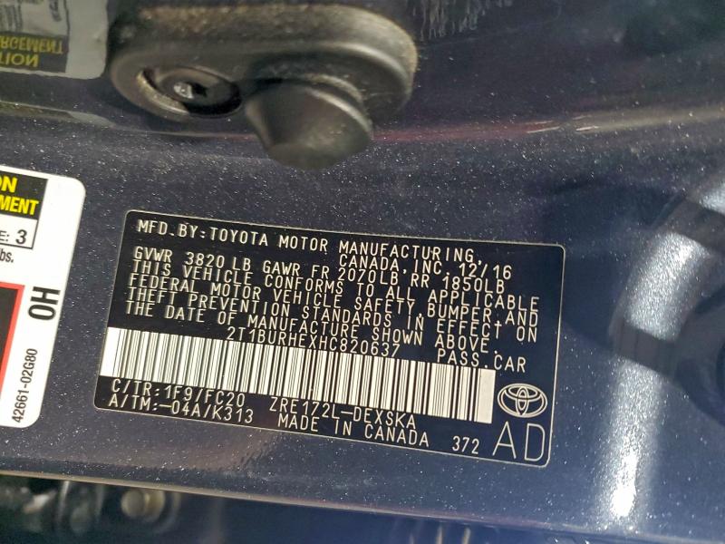 2T1BURHEXHC820637 - 2017 TOYOTA COROLLA L ლურჯი ფოტო 13