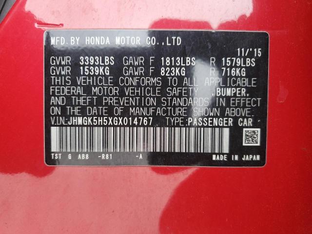 JHMGK5H5XGX014767 - 2016 HONDA FIT LX أحمر صورة 12