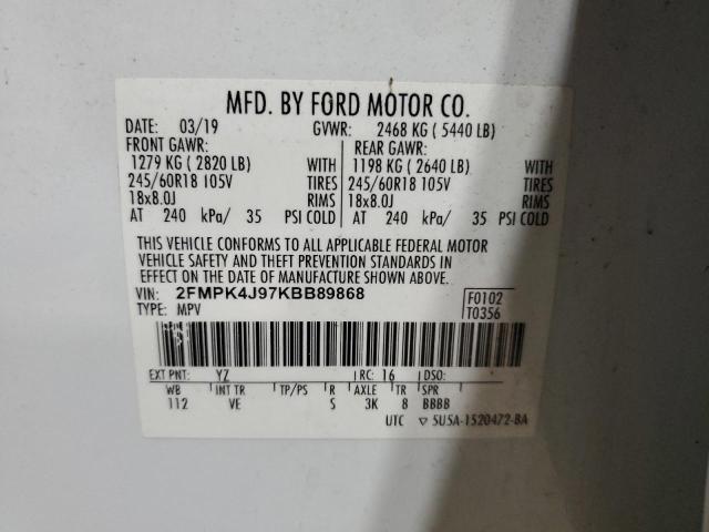 2FMPK4J97KBB89868 - 2019 FORD EDGE SEL Beyaz fotoğraf 13