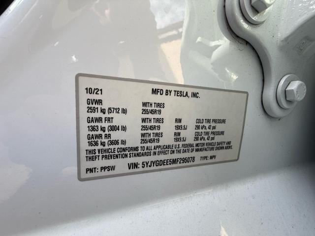 5YJYGDEE5MF295078 - 2021 TESLA MODEL Y Սպիտակ լուսանկար 10
