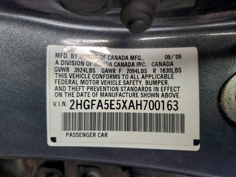 2HGFA5E5XAH700163 - 2010 HONDA CIVIC SI Մոխրագույն լուսանկար 12