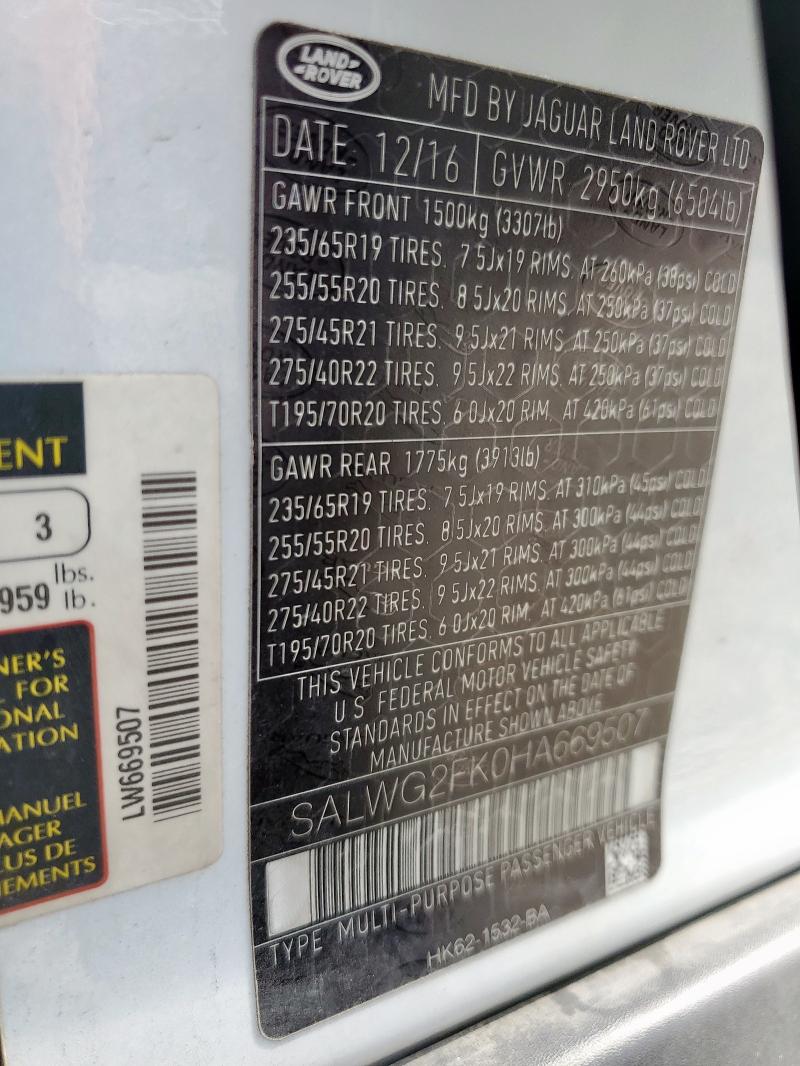 SALWG2FK0HA669507 - 2017 LAND ROVER RANGE ROVE SE WHITE photo 13