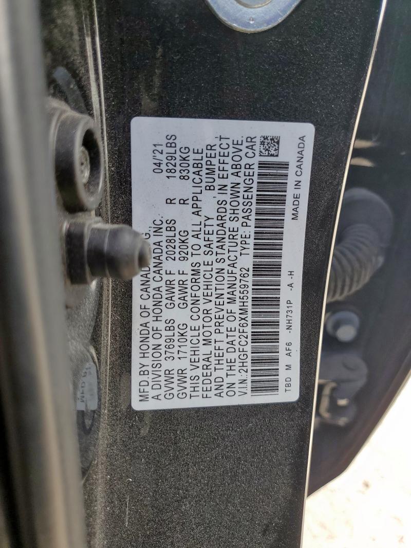 2HGFC2F6XMH559762 - 2021 HONDA CIVIC LX 黑色 照片 12