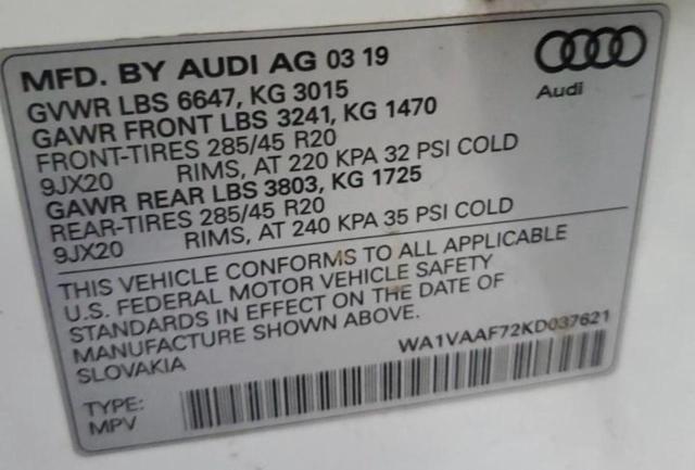 WA1VAAF72KD037621 - 2019 AUDI Q7 PRESTIGE Սպիտակ լուսանկար 10