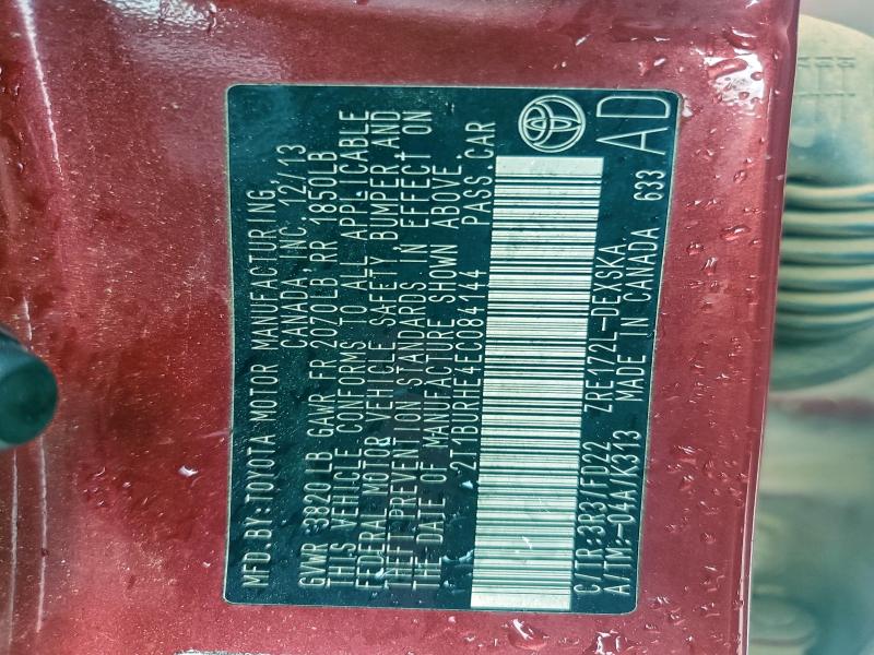 2T1BURHE4EC084144 - 2014 TOYOTA COROLLA L 红色 照片 12