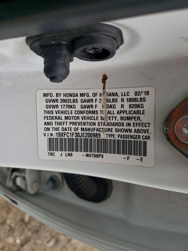 19XFC1F30JE200989 - 2018 HONDA CIVIC EX Biały zdjęcie 12