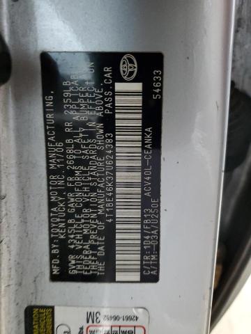 4T1BE46K37U624383 - 2007 TOYOTA CAMRY CE 银色 照片 12