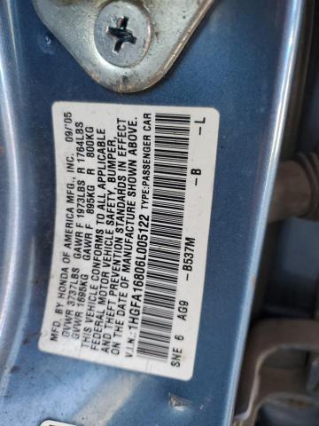 1HGFA16806L005122 - 2006 HONDA CIVIC EX 蓝色 照片 12
