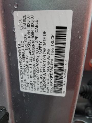 5FPYK3F53PB024958 - 2023 HONDA RIDGELINE RTL Gris foto 12