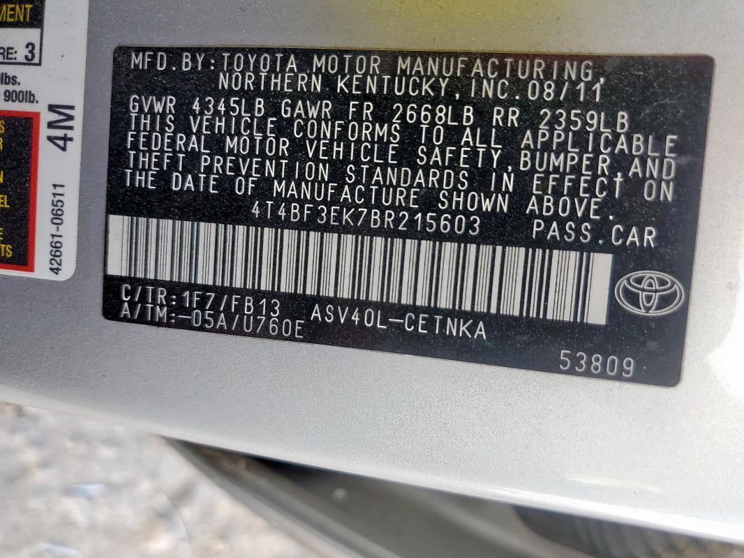 4T4BF3EK7BR215603 - 2011 TOYOTA CAMRY BASE SILVER photo 12