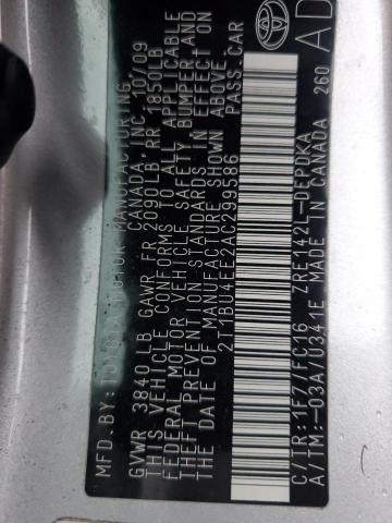 2T1BU4EE2AC299586 - 2010 TOYOTA COROLLA BASE Gümüş foto 13