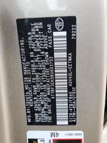 4T1BF3EK0BU603752 - 2011 TOYOTA CAMRY BASE ذهبي صورة 12