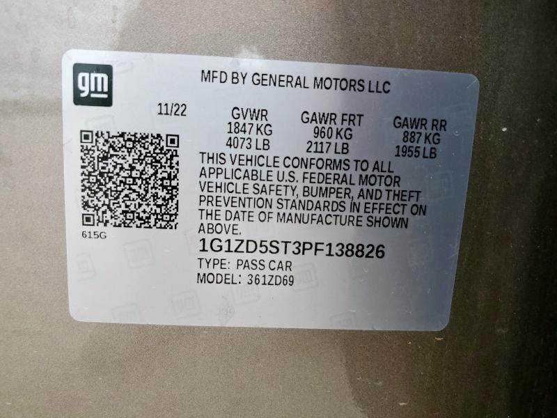 1G1ZD5ST3PF138826 - 2023 CHEVROLET MALIBU LT 灰色 照片 12