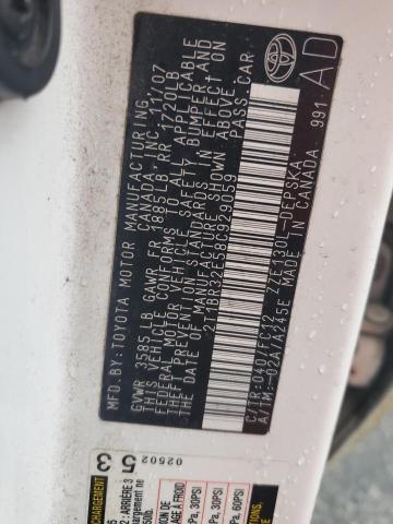 2T1BR32E58C929059 - 2008 TOYOTA COROLLA CE WHITE photo 12