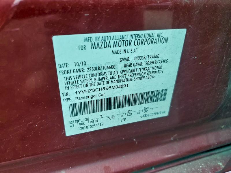 1YVHZ8CH8B5M04091 - 2011 MAZDA 6 I 红色 照片 12