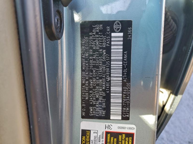 4T4BE46K89R135177 - 2009 TOYOTA CAMRY BASE Бирюзовый фото 12