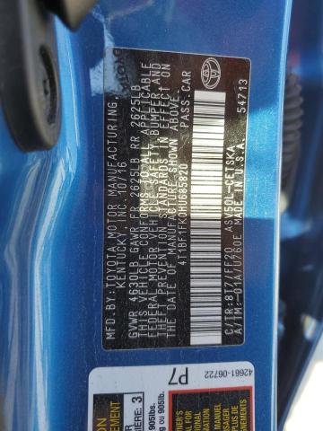 4T1BF1FK0HU685820 - 2017 TOYOTA CAMRY LE BLUE photo 13