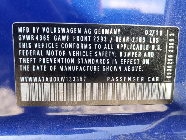 WVWWA7AU0KW133357 - 2019 VOLKSWAGEN GOLF R BLUE photo 12