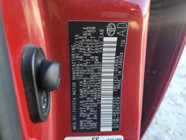 2T1BU4EE6AC363807 - 2010 TOYOTA COROLLA BASE Կարմիր լուսանկար 12