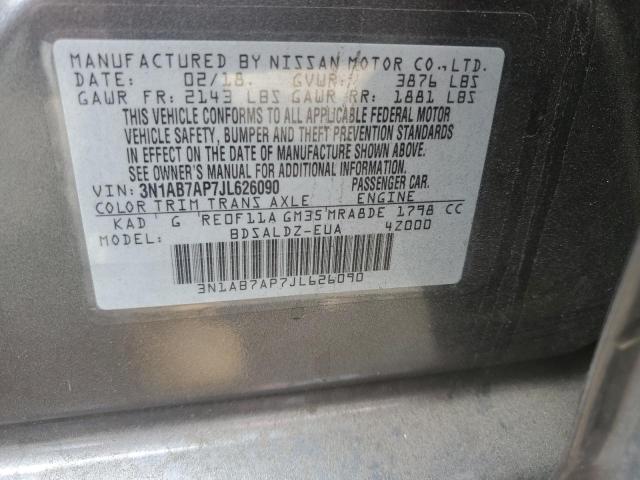 3N1AB7AP7JL626090 - 2018 NISSAN SENTRA S ნაცრისფერი ფოტო 12