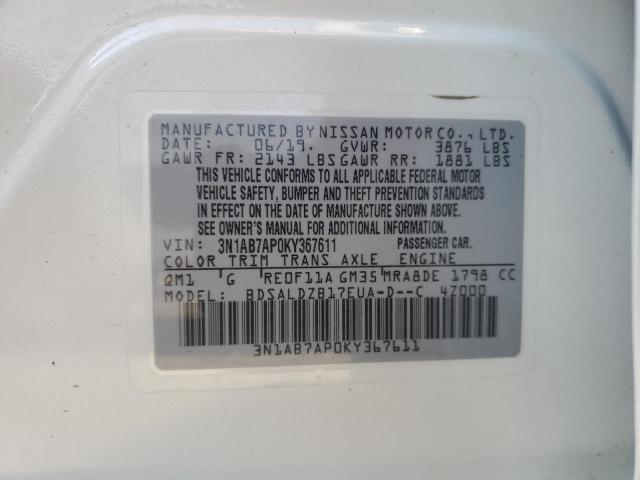 3N1AB7AP0KY367611 - 2019 NISSAN SENTRA S Beyaz fotoğraf 12