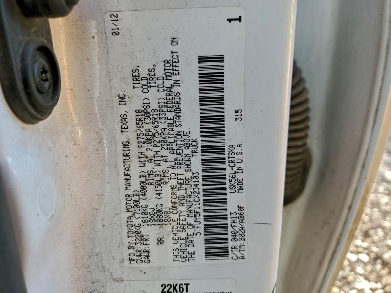 5TFUY5F11CX234103 - 2012 TOYOTA TUNDRA DOUBLE CAB SR5 WHITE photo 12