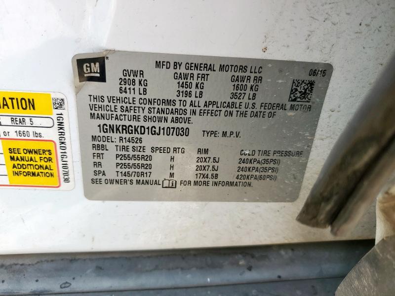 1GNKRGKD1GJ107030 - 2016 CHEVROLET TRAVERSE LT WHITE photo 13