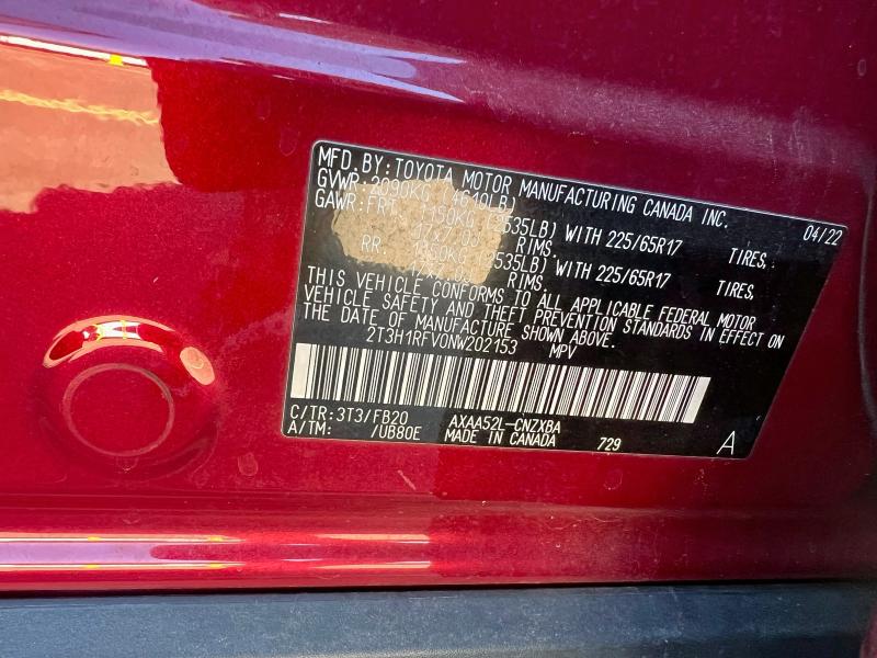 2T3H1RFV0NW202153 - 2022 TOYOTA RAV4 LE MAROON photo 10